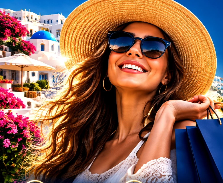 Smiling GLOBARA shopper with a blue shopping bag